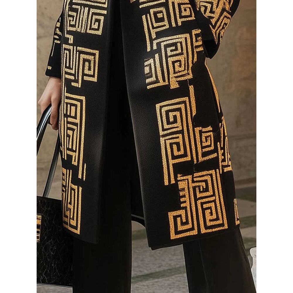Long Sleeves Loose Buttoned Contrast Color Pockets Notched Collar Woolen Coat - Picture 4 of 4